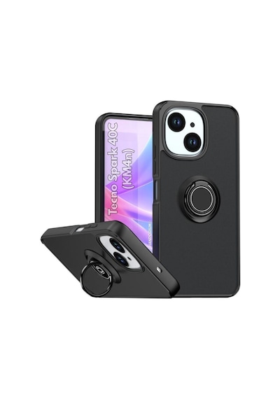 Tecno Spark 40c Uyumlu Kılıf Yüzüklü Standlı Extra Darbe Koruma Sert Silikon Kapak - Siyah Siyah