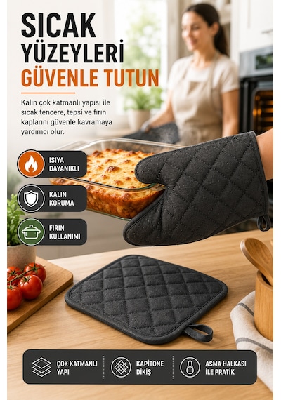 Antrasit Fırın Eldiveni Ve Tutacak Seti Isıya Dayanıklı Kapitone Mutfak Eldiveni Fırın Tutacağı Gri Renk.