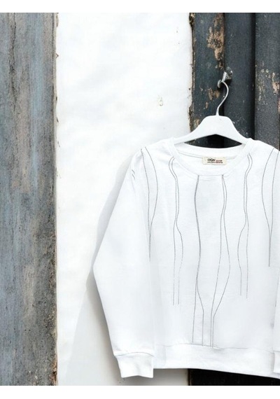 Kız Çocuk Mevsimlik Pamuklu Zincirli Sweatshirt-14445 Ekru