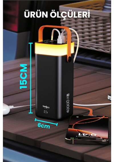 40.000 Mah Hızlı Şarj Powerbank Kamp Işığı Güçlü El Feneri Kablolu Göstergeli Taşınabilir Batarya Siyah