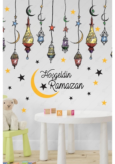 Hoşgeldin Ramazan Renkli Fener Sarkıt Cam Duvar Dekorasyon Sticker Seti Çok Renkli