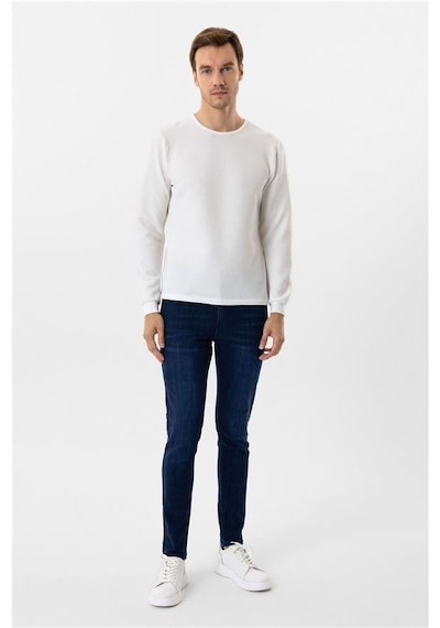 Süvari Beyaz Slim Armürlü Bisiklet Yaka Sweatshirt Beyaz
