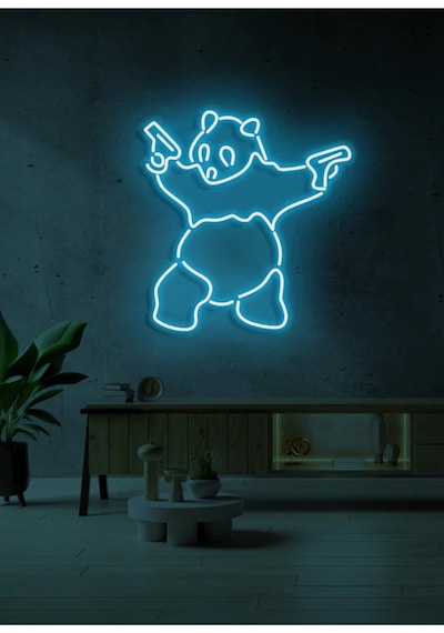 Panda Figürlü Neon Tabela Turkuaz