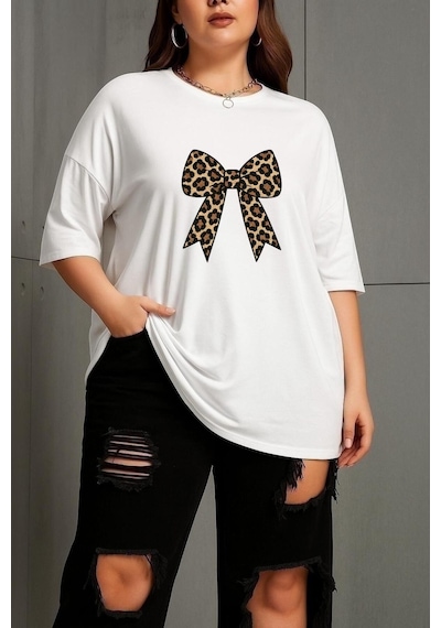 Büyük Leopar Desenli Klurdela Baskılı Unisex Tişört Beyaz