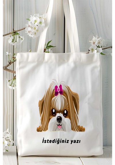 Art Hediye Shihtzu Köpek Baskılı Bez Çanta Omuz Çantası Kişiye Özel Model 10 Çok Renkli