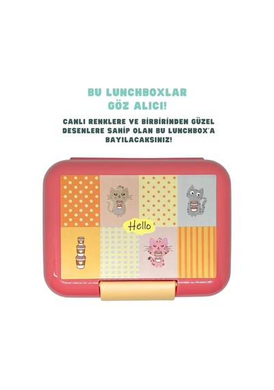Lexroo Bento 1600ml Lunchbox Sevimli Kedi Desenli Tek Katlı 2 Bölmeli Pp Plastik Sefer Tası Yemek Çok Renkli