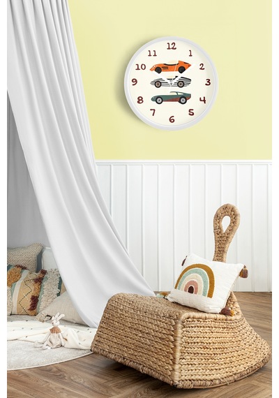 Araba Tasarımlı Çocuk Odası Duvar Saati - 25cm - Önü Camlı Beyaz Kasa - Sessiz Mekanizma-jh1031 Beyaz
