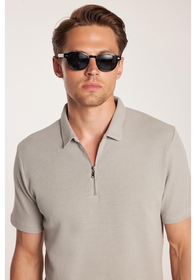 Tudors Erkek Slim Fit Dar Kesim %100 Pamuk Fermuarlı Gri Polo Yaka Tişört-33941 Gri
