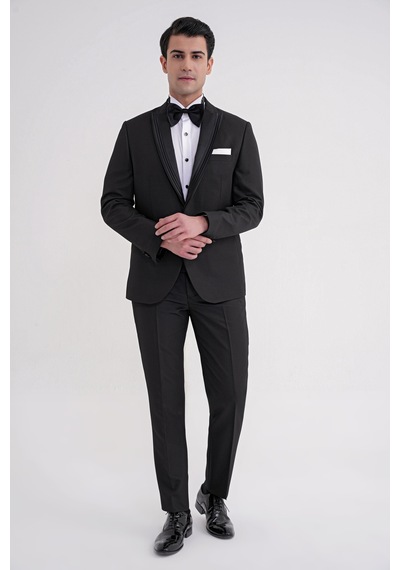 Slim Fit Çift Yıtmaç Fleto Cep Doku Desenli Çıkarılabilir Saten Yaka Siyah Damatlık Smokin Takım Black 083 Ef Siyah Slim Fit Çift Yıtmaç Fleto Cep Doku Desenli Çıkarılabilir Saten Yaka Siyah Damatlık Smokin Takım Black 083 Ef Siyah