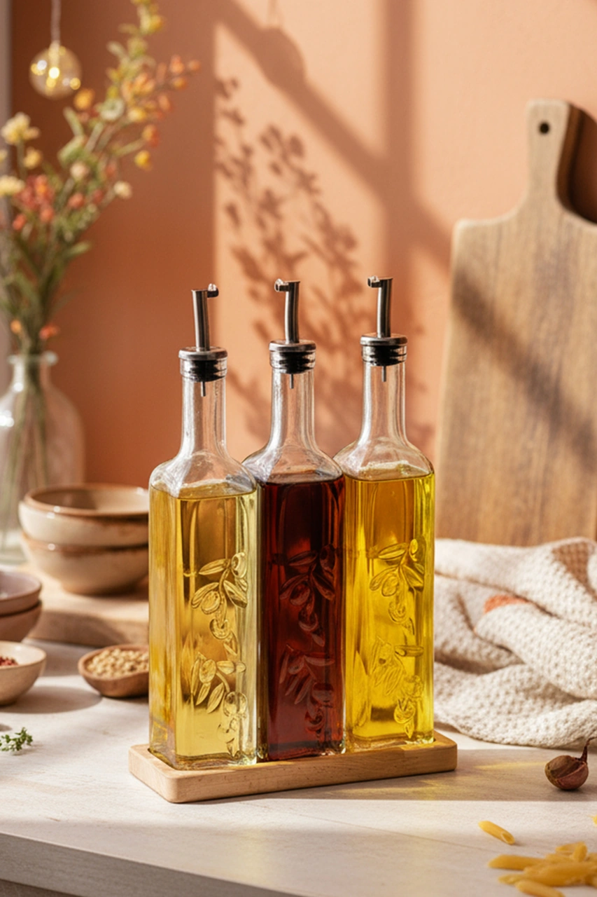 Snippy Safir - Ahşap Standlı 3'lü Cam Damlatmaz Yağlık Sirkelik Zeytinyağı Sıvıyağ Şişesi Yağdanlık 500ml Ahşap