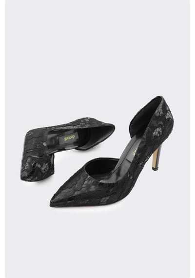 Derinet Dantel İşlemeli Kadın Stiletto Siyah Siyah
