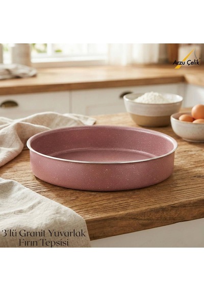 3lü Granit Yuvarlak Fırın Tepsisi Seti - Pembe Çok Renkli