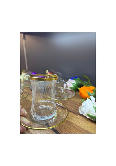 Lav Yaldızlı Gold Cam Çay Seti Takımı 6 Adet Çay Bardağı Ve 6 Adet Çay Tabağı, Hediyelik