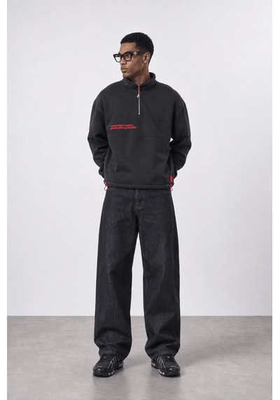Respire Erkek Reset Baskılı Lastik Detaylı Half Zip Oversize Sweatshirt Siyah