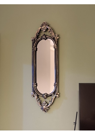 Kısa Oval Dekoratif Duvar Aynası Siyah & Eskitme Altın Yaldız 60x20 Cm Naturel