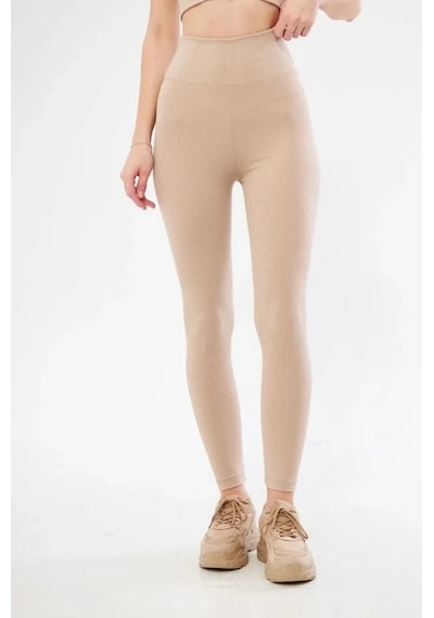 Defymoda Fitilli Full Likralı Yüksek Bel Toparlayıcı Tayt Günlük Ve Spor Kullanım - Bej Bej