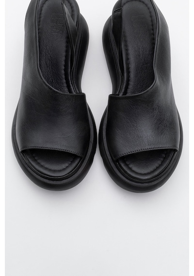 Luvishoes Agusto Siyah Cilt Hakiki Deri Kadın Dolgu Topuk Sandalet Siyah Deri