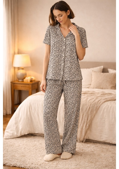 Nisanca Vizon Leopar Desenli Kısa Kollu Yazlık Pijama Takımı Leopar