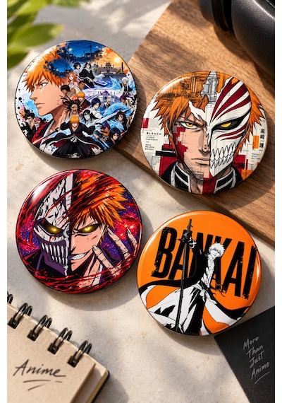 Bleach 58mm 4'lü Rozet Seti Ichigo Kurosaki Anime Çanta Mont Ceket Rozeti Çok Renkli