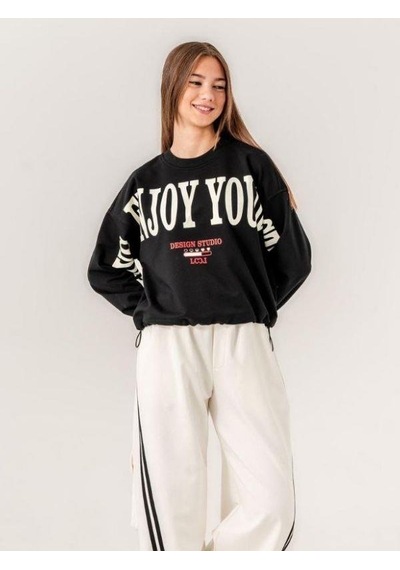 Kız Çocuk Enjoy Baskılı 2 İplik Sweatshirt-15351 Siyah