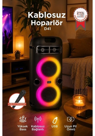 Delux Serisi Ses Cihazı Taşınabilir Parti Aleti Bluetooth Hoparlör Rgb Işıklı Mikrofonlu D41