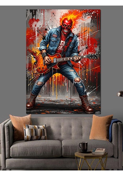 Elektrogitar Çalan Kırmızı Maskeli Rock Müzisyeni Dekoratif Kanvas - Mdf Ahşap Tablo