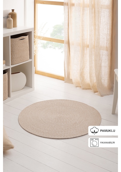 Ocean Home Textile Yıkanabilir Bej Kırçıllı Pamuklu Halı Kilim 80 Cm Çap