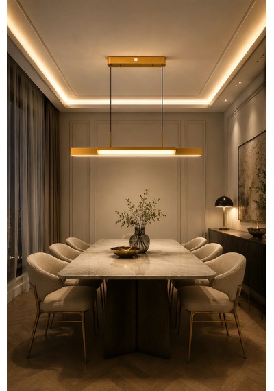 Modern Premium Led Sarkıt Avize Gold Kasa Lineer Yemek Masası Mutfak Ve Salon Avizesi 40w 3 Renk Beyaz