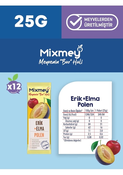Mixmey Bee Polen Erik Meyve Barı 12 Adet | Atıştırmalıklar – Glutensiz, Koruyucusuz 25 gr X 12 Adet Mixmey Bee Polen Erik Meyve Barı 12 Adet | Atıştırmalıklar – Glutensiz, Koruyucusuz 25 gr X 12 Adet