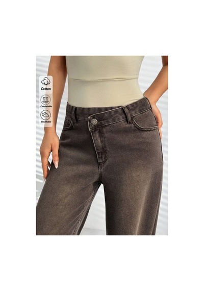 Kene Jeans Ön Asimetrik Kahverengi İşlemli Bol Paça Kot Pantolon Kahverengi