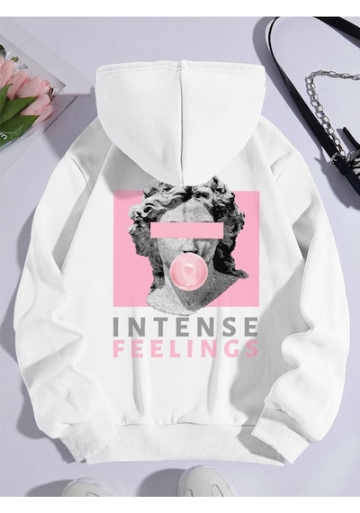 Startmore Beyaz Unisex Erkek/kadın Intense Renkli Özel Baskılı Pamuklu Oversize Kapüşonlu