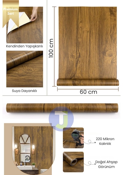 Technojet Kendinden Yapışkanlı Doğal Ahşap Dokulu Duvar Dolap Masa Mutfak Tezgah Kaplama 60cmx100cm Kahverengi