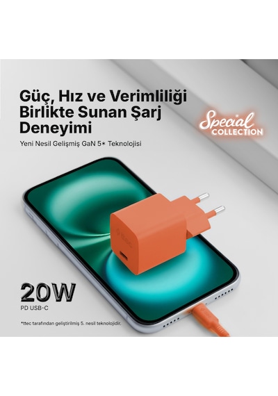 Ttec Smartcharger Gan 20w Pd Seyahat Hızlı Şarj Aleti + Usb-c - Lightning 120cm Kablo Neon Turuncu