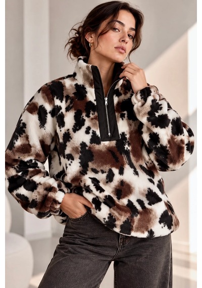 Bbbutikbasic Desenli Dik Yaka Peluş Polar Sweatshirt Nk0606 Kahverengi