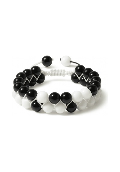 Tesbihane Çift Sıra Makrome Örgülü Küre Kesim Siyah Beyaz Jade Oniks Doğaltaş Kadın Taraftar Bileklik Çok renkli