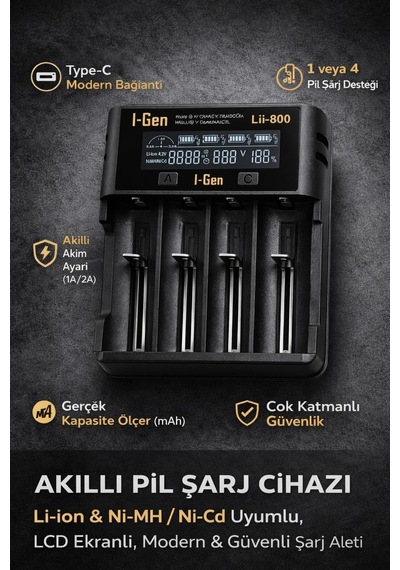 Batteries Lii-800 Akıllı Li-ion Pil Şarj Cihazı, Type-c Girişli, Lcd Ekranlı, 4 Slot Şarj, Li-ion & Ni-mh Uyumlu 18650/21700 / Aa/aaa
