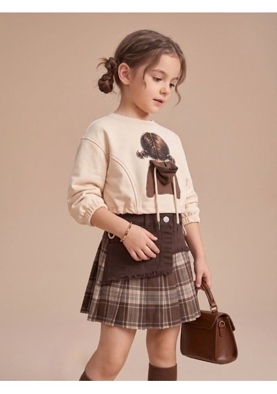 Zekids Kız Çocuk Baskılı Sweatshirt Ve Ekose Şort Etekli Takımı-17598 Çok Renkli