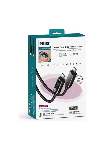 Phixi Ultimate Upd4160t 60w Lcd Ekranlı Metal Başlıklı Hasır Örgü Type-c To Type-c Hızlı Şarj Ve Data Kablo