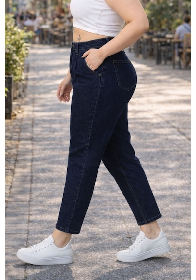 Cedy Denim Mom Fit Jean Büyük Beden Yüksek Bel Carrot Kesim Dar Paça Pileli Esnek Kot Pantolon C600 Lacivert
