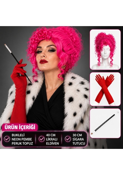 Neon Bukleli Pembe Peruk Uzun Kumaş Kırmızı Eldiven Ve Sigara Tutucu Seti 3 Parça