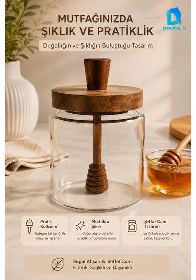 Ahşap Kapaklı Cam Bal Kavanozu Ve Entegre Bal Kaşığı 10 Cm Şeffaf