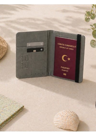 Seyahat Seti Boyun Yastığı Pasaport Kılıfı Valiz Kemeri & Etiketi 4 Lü Travel Set Gri