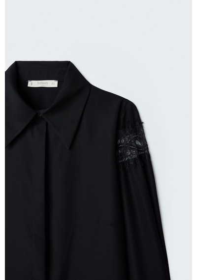 Sateen Dantel Detaylı Gömlek - Siyah-137644
