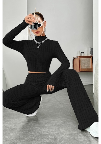 Angbutik Kadın Siyah Boğazlı Crop Top Ve Yüksek Bel Eşofman Takımı Spor Şık Kombin