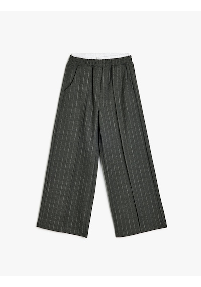 Koton Beli Lastikli Çizgili Bol Paça Pantolon Gri Çizgili 5skg40078aw Gri Çizgili Gri