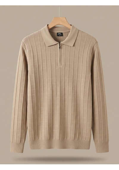 Maccali Erkek Bej Fitil Detaylı Fermuarlı Polo Yaka Triko Sweatshirt