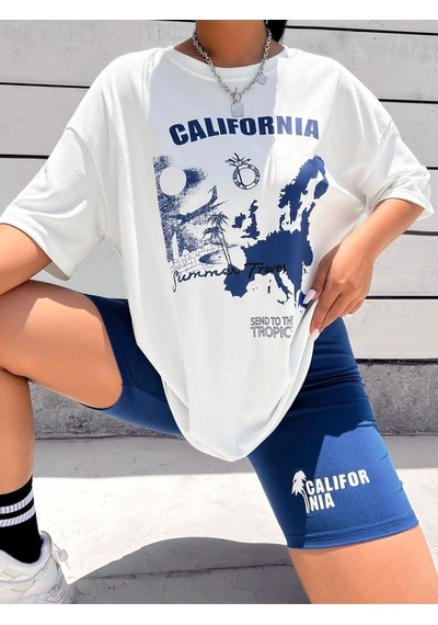 Flood Of Style Kadın Beyaz Mavi Calıfornıa Baskılı Bisiklet Yaka Tshirt