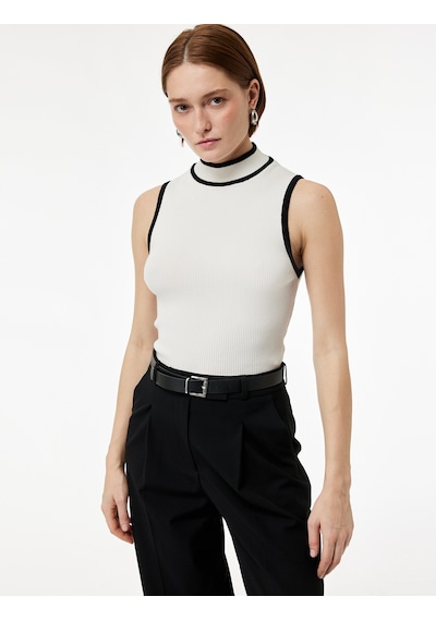 Koton Kontrast Renk Detaylı Slim Fit Dik Yaka Kolsuz Triko Bluz Krema 6sak30007ht Krema