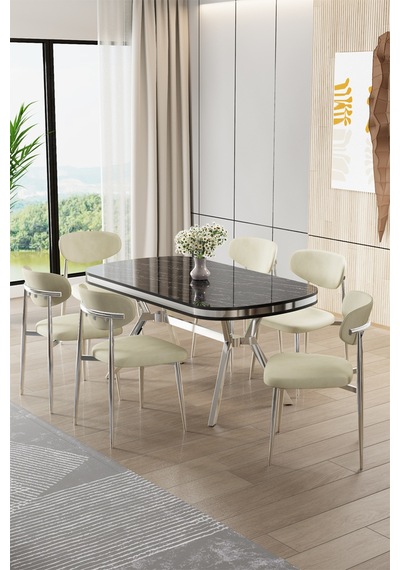 Canisa Olya Serisi 90x168 Lak Panel Sonata Masa Takımı Krom Ayaklı 6 Krem Sandalye Sonata Masa Krem Sandalye