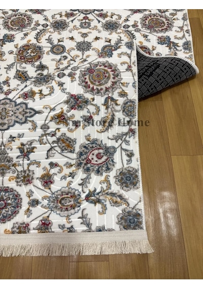 Otantik Çiçekli Desen Saçaklı Mavi Krem Kaymaz Taban Yıkanabilir Kesme Yolluk Halı Çok Renkli